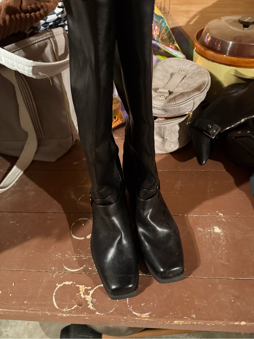 Women's Black Leather Square-Toe Knee Boots